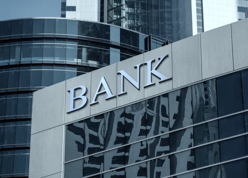 Exterior view of a bank sign on a building