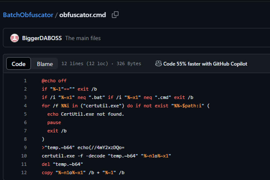 image #5 the code that applies obfuscation to a batch file