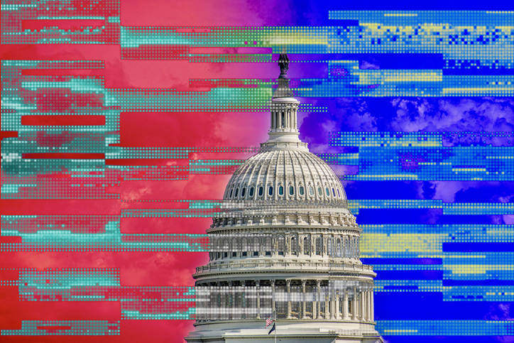 Blue and red background behind the US Capitol building