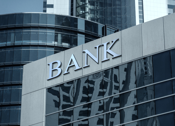 Exterior view of a bank sign on a building